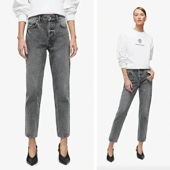 NEW Anine Bing Betty Jeans Dust Grey High Rise Relaxed Slim Fit Distressed Denim - Picture 1 of 9